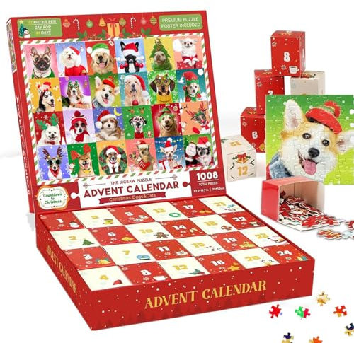 Puzzles Advent Calendar 2025 - Christmas Dog - 24 Days Jigsaw Puzzle Countdown to Christma - 1008 Pieces Cute Xmas Postcards Puzzl as Christma wall Decor for Adults Kids