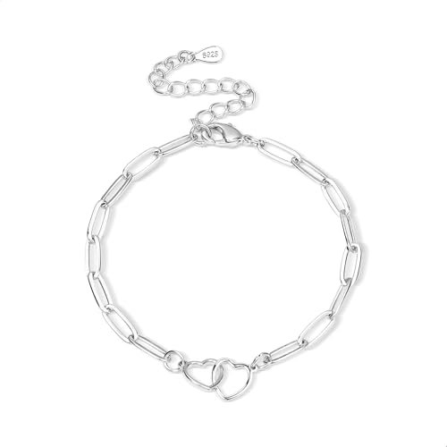 Damen Ketten 925 Sterling Silber Armband mit Herz Liebe Armbänder Sterling Silber Verstellbare Armband Armkette Kuban Büroklammerkette Link Ketten Armketten Fußkettchen Armbänder Damen Männer Frauen