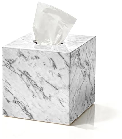 WORHE Marmor Taschentuchbox Halter, Square Tissue Box Cover, 14 x 14 x 14cm | Naturmarmor Kosmetiktuchhalter mit offenem Boden, ideal für Bad, Schlafzimmer, Schminktisch und Küche, weiß