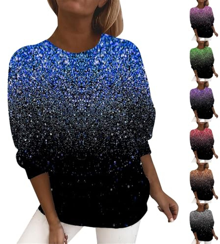 Glitterskjorta damer party stora storlekar – toppar paljetter blustoppar gradient glitterskjorta tvåfärgad t-shirt festlig tunika toppar nyårsafton t-shirt överdimensionerad Y2K tröja, blå, 3XL