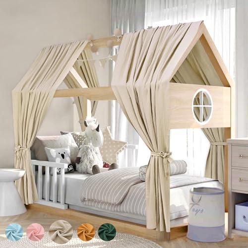 Alishomtll Hausbett Himmel Deko Set, 2 Betthimmel Hausbett aus 100% Baumwolle Musselin, 1 Wimpelkette 300cm, Kinderbett Baldachin Stoffhimmel für Mädchen Jungen Kinderzimmer, 135x320cm Khaki