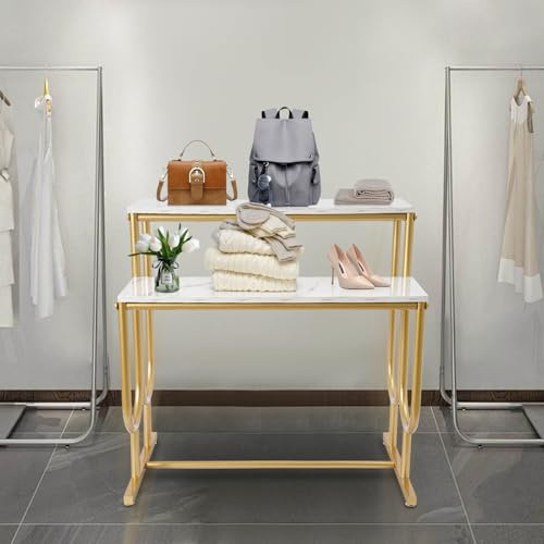 KUANGGE Espositore da banco a 2 Ripiani per Negozi di Abbigliamento, Scarpe, Borse, Cappelli, Borse, Cosmetici, Gioielli, Artigianato, Fiori, Cibo, Tavolo da Esposizione, Organizer da banco, Oro