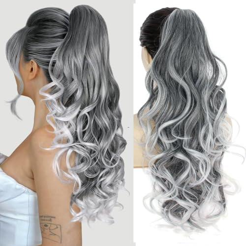 PORSMEER Pferdeschwanz Haarteil mit Klammer,Klauen Claw Clip in Haarverlängerung, 66cm Lang Voluminös Gewellt ponytail extension haarteil zopf Grau mit weiße strähnchen farbe für Damen