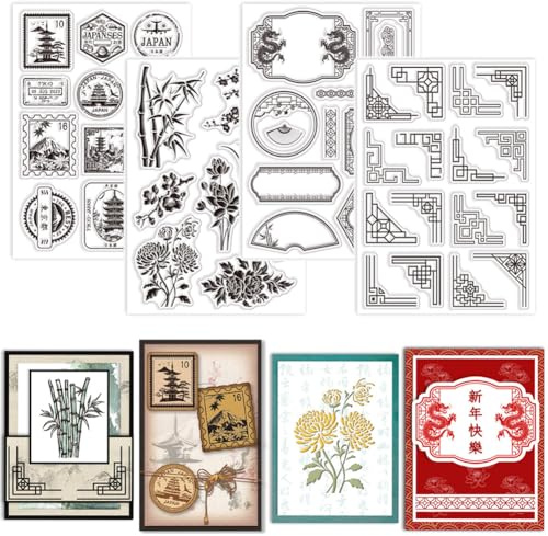 GLOBLELAND 4 Blatt japanischer Etiketten-Poststempel klare Stempel zur Kartengestaltung Pflanzen Blumen Silikon-Stempelsiegel Eckrahmen transparente Stempel für DIY-Scrapbooking-Tagebücher