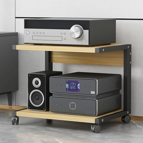 2-stöckiger Turmständer mit Rollen, Medien-Regal für TV-Zubehör, Spielekonsolen, DVD/CD-Player, Xbox/PS5, Projektor – Holzfarbe, 50 x 40 x 45 cm