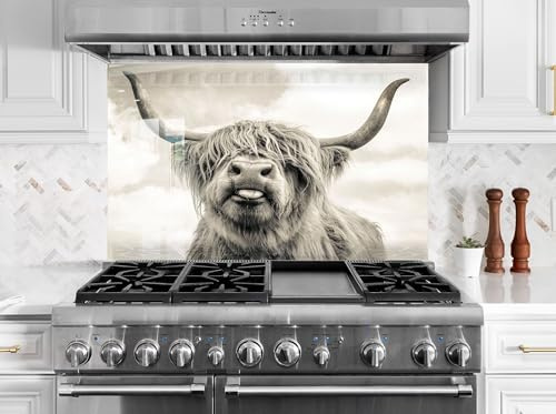 Myphotostation 35.5Wx30H'' Majestic Highland Cow Glass Kitchen BacksplashTempered Glass Backsplash, Glass Splashback For Kitchen, Stove Wall Protector, Cooker Wall Panel, Stove Back Cover