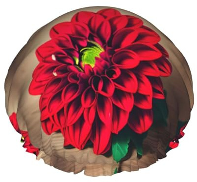 Holzbrett Retro Blume Rot Dahlie Druck Doppellagig Wasserdicht Duschhaube Damen Herren Wiederverwendbare Badehaarkappen Gummiband