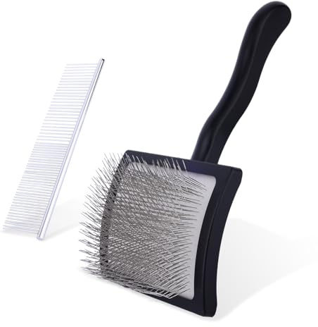 Slicker Brush with Comb for Dogs, Self-Cleaning Dog Grooming Brush with Long Pins & Rubber Round Tips Deshedding Comb for Long Hair Pets Cats Remove Tangles Knots (Black)