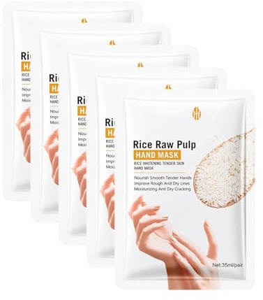 5 Pairs Guantes Hidratantes con Mascarilla, Mascarilla de arroz para manos, Hand Mask, para Manos Secas, Hidrata y Humecta, Reparación de daños ásperos para Hombres y Mujeres