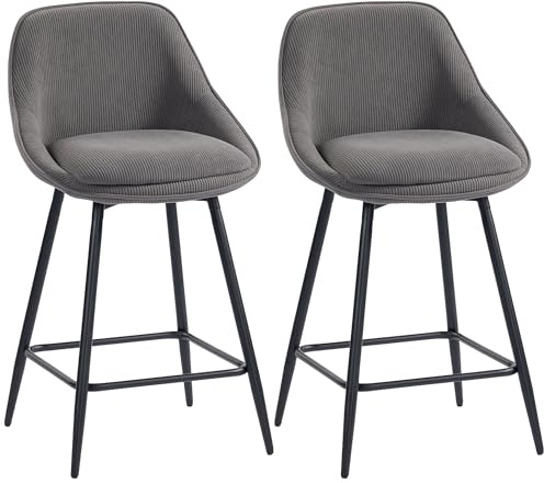 HOMCOM Barhocker 2er Set Drehbar mit Fußstütze Sitzhöhe 65 cm, Grau | Mit Rückenlehne, Kord-Optik, Stahlgestell, Tresenhocker Barstuhl, Küchenstühle Sessel, für Küche Esszimmer & Theke