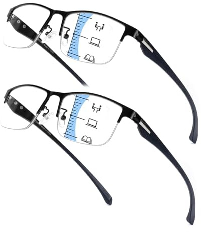 Hubeye Gafas de lectura Multifocales Progresivas para Mujeres y Hombres Marco Metálico Cuadrado Anteojos de lectura de Metal Gafas anti luz azul (Negro+Negro, 2.00)