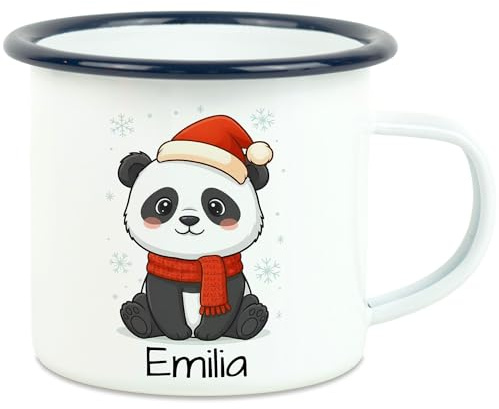 Kiddle-Design Tasse mit Namen personalisiert, Kindertasse Weihnachten Geschenk Junge & Mädchen mit Pinguin, Nikolausgeschenk, Weihnachtstasse Kinderbecher mit Tier - Tasse Emaille Blau
