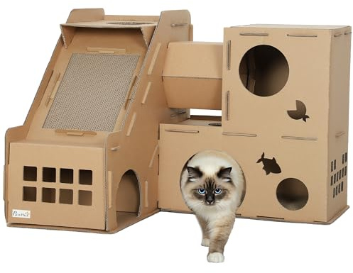 PawHut Casa para Gatos de Cartón, Forma Castillo, Rascador para Gatos de 2 Niveles con 3 Zonas de Rascado, Túnel, Rampa, Incluye Hierba, para Interior, Marrón