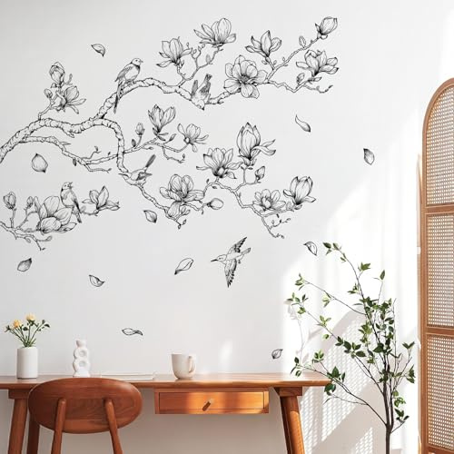 Supzone Wandtattoo Blumen Baum Schwarze Wandaufkleber Magnolie Pflanze Vögel Wandsticker Wohnzimmer Schlafzimmer Sofa Hintergrund Wanddeko