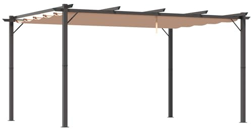 Pergola Tonnelle de jardin en aluminium 3 x 4 m avec toit en tissu réglable résistant aux intempéries, protection UV, tonnelle de jardin moderne pour terrasse, jardin, 300 x 400 cm, gris/marron