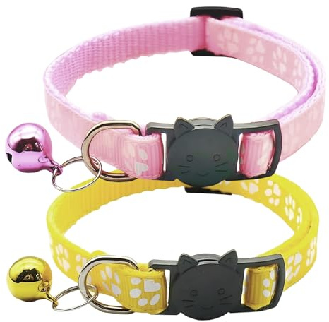 Quesuc 2 Pcs Collare Gatto,Collari Per Gatti Antistrozzo Con Campanellino,Regolabile Sicuro,Nylon, Accessori Animali Domestic (Giallo + Rosa)