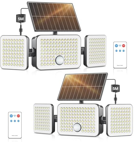 Security Lights Outdoor Motion Sensor 233LED 360° Rotatable 3 Heads Solar Wall Light with 3 Modes Remote,IP65 Waterproof Solar Wall Lights for Front Door Yard Garage Garden