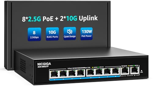 NICGIGA Switch PoE 2.5G Non Gestito 10 Porte, 8x PoE+ 2.5G Base-T (130W), 2x Uplink 10G RJ45, Switch Ethernet Gigabit IEEE 802.3af/at per Access Point WiFi 6, NAS, NVR, Telecamera 4K