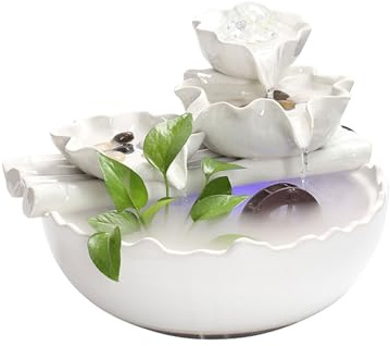 Indoor Ceramic Lotus Circulating Fountain Water Feature 3 Tier Lotus Leaf Tabletop Fountain w/Ball & Mist Relaxing Waterfall Relaxation