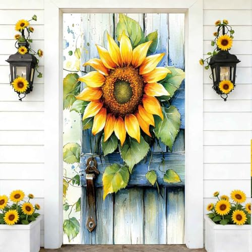 Mateju Decorazione per Porta Ingresso Elastico con Stampa Girasole- Copriporta Elastico con Bordi Avvolti Rivestimento per Porta Ingresso da Interno per Porte, Pareti (90x210cm,Fiori 6)
