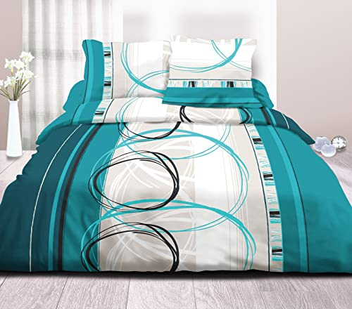 Parure Drap Plat + Drap-Housse 140x190 + 2 T - Pur Coton 57 Fils - Roue L Turquoise