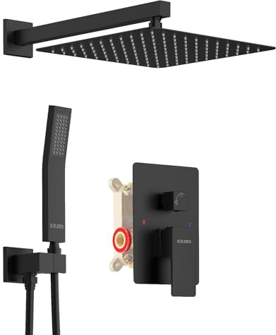 KOJOX 12 Inch Black Shower System with Rain Shower Head, Handheld Shower, Bathroom Luxury Mixer Combo Set, Wall Mounted Faucet Rough-in Valve and Trim Kit