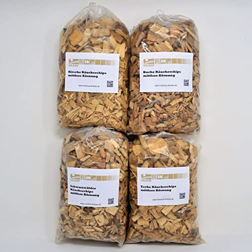Landree Räucherchips Set 4 x 2 Liter, Räucherspäne, Räuchermehl Kirsche, Buche, Schwarzwälder, Esche, für Smoker, Räucherofen, Smoker Grill, BBQ Zubehör, perfekt zum Heißräuchern
