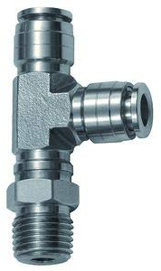Racor en T, giratorio, forma de L, R 1/4 A, para manguera de diámetro exterior de 4 mm, presión de trabajo máx. 20 bares, acero inoxidable 1.4404.