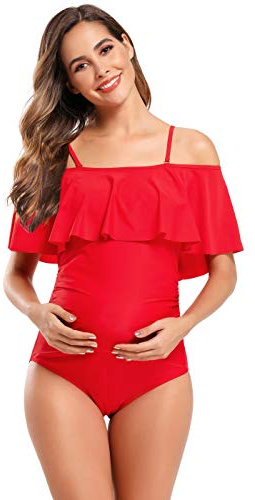 SHEKINI Maillot de Bain Femme Maternité Une pièce à Volants et Épaules Dénudées Bikinis 1 pièce Grossesse Enceintes Élégant Chic pour Femmes de Plage