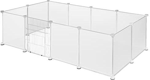 EUGAD Freigehege für Kaninchen, Meerschweinchen Gehege, Welpenauslauf Kleintiergehege inkl. Tür, Freilaufgehege für Hasen, Verformbar und Erhöhbar, BHT 145x46x75cm, Weiß 35x45cm/Platte