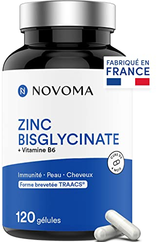 NOVOMA Zinco Bisglicinato 15mg TRAACS®, Con Vitamina B6 Bio-Attiva, Zinco Alto Assorbimento, Integratore Antiossidante per Uomo e Donna, Migliora la Pelle e Acne, 120 Capsule Vegane