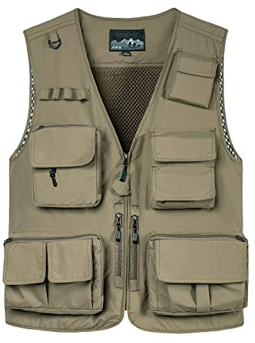 KTWOLEN Herren Anglerweste Sommer Leicht Schnelltrockenweste Funktionsweste Outdoor Fotografie Hundesport Weste Ärmellos Safari Weste mit Viele Taschen, Khaki, L