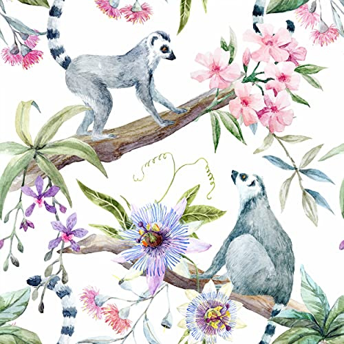 decomonkey Fototapete selbstklebend Tapetenrolle 10 m, Tiere, Pflanzen | Blumen, Rosa, Grün, Laub, Lemur, Tapete, Vliestapete, Deko Panel, Modern, Design, Wanddeko, Wohnzimmer, Schlafzimmer