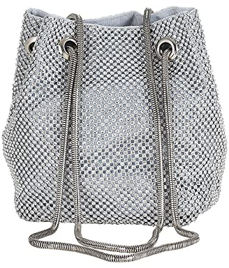CORIOS Damen Abendtasche Shiny Strass Handtasche Strasssteine Bucket Bag Diamant Clutch Bag Glitzer Umhängetasche Klein Tasche Schultertasche für Hochzeit Bankett-Party Abschlussball Silber