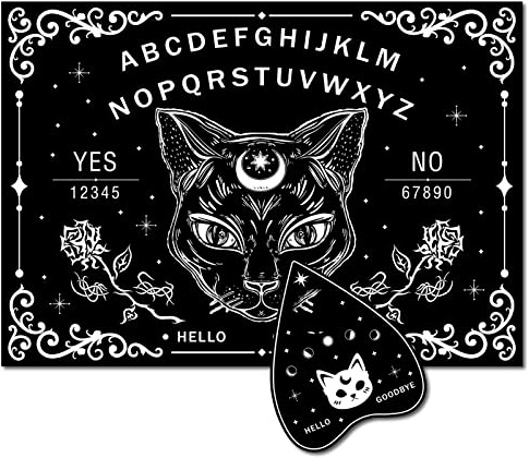 CREATCABIN Black Cat Wood Spirit Board Talking Ouija Boards Tablero de Péndulo de Madera con Planchette Dowsing Divination Game Kit Spirit Hunt Mensaje Metafísico Decoración Witch Stuff para Wicca 11.