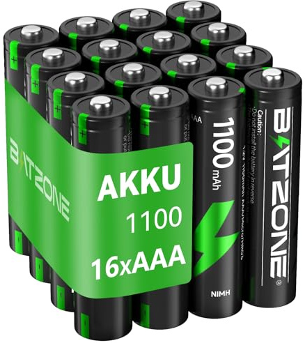 BATZONE 16 x AAA NI-MH Akkus, wiederaufladbare AAA Batterien, 1.2v Micro AAA Akku, 1100mAh hohe Kapazität, geringe Selbstentladung, mit Batterie Schutzbox