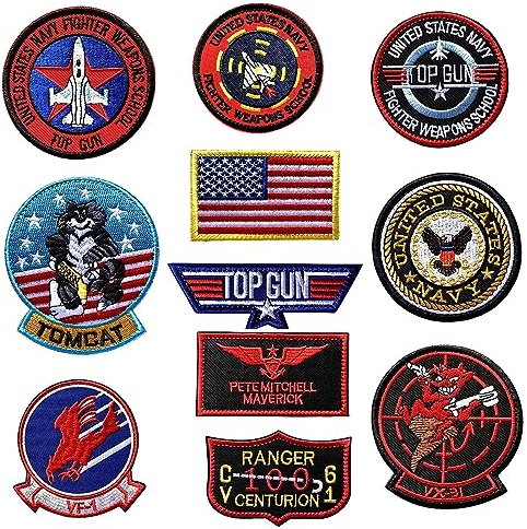 PUCIO 11 Stück Top Gun Aufnäher zum Aufbügeln USA Flagge Maverick Patches bestickt Air Force Navy Marine Army Jacke Tactical Military Logo Dekorative Applikation