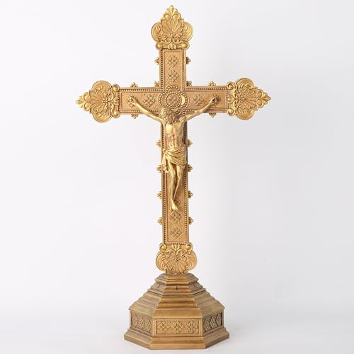 BC Modernes katholisches Kruzifix, goldfarbenes Kruzifix-Dekor für ein stilvolles und modernes Zuhause, katholisches Hochzeitsgeschenk, religiöse Geschenke, handbemalt aus Kunstharz