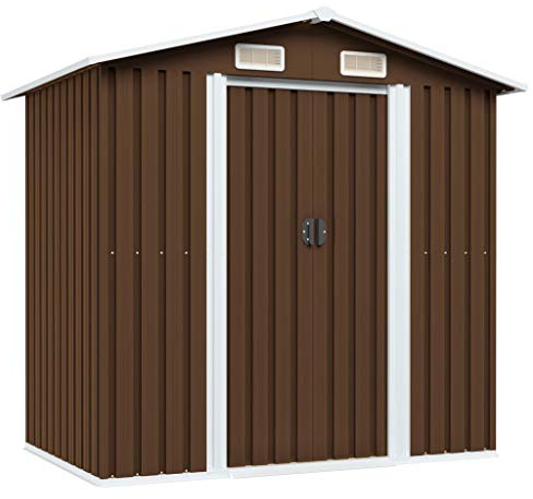 Hovothy Gerätehaus 204x132x186 cm Gartenschrank Wetterfest Geräteschuppen Stahl Gartenhaus Metall Fahrradunterstand Kaminholzregal Blechhütte Braun