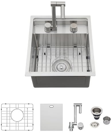 Logmey 15 RV Outdoor Kitchen Sink Undermount with Foldable Faucet and Cover,16 Gauge Stainless Steel Handmade 15x17 Single Bowl Sink for Outdoor Kitchen,Patio,Camper
