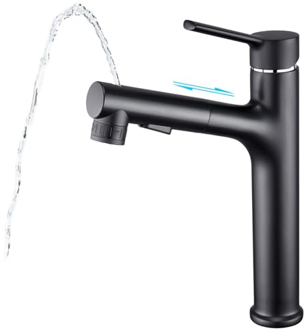 CREA Hoch Wasserhahn Bad Waschtisch Armatur Waschbecken, Einhebelmischer Badarmatur Waschtischarmatur für Aufsatzwaschbecken mit 3 Wasserstrahlarten Brause ausziehhar, Messing verchromt schwarz