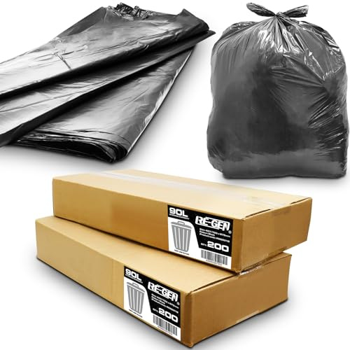 400 Pce | 2 Full Boxes | RE-GEN 90L 5kg Load Black Bin Liners Refuse Sacks, Everyday Use, Industrial Quality Rubbish Bags 457/725 x 975mm