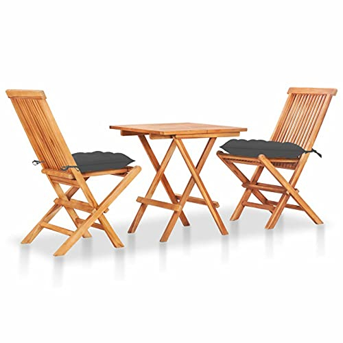 Gecheer 3-TLG.Bistro-Lounge-Set Bistro-Set Bistroset Bistrotisch Balkonset Balkonmöbel Sitzgruppe Gartenmöbel Sitzgarnitur Gartengarnitur mit Anthrazit Kissen Massivholz Teak