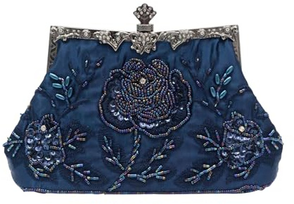 CORIOS Vintage 1920s Perline Borsetta da Sera Pochette con Floreale Donna Clutch con Paillettes Retro Borsa a Spalla Borsa a Tracolla Elegante Borse Messenger per Festa Cocktail Ballo Blu