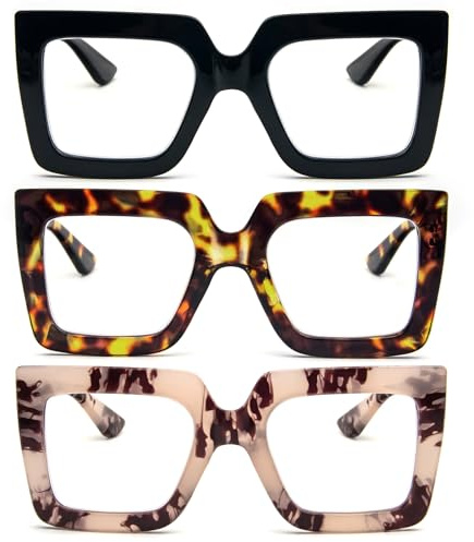 KoKoBin 3 confezioni di occhiali da lettura sovradimensionati per donne con montatura grande extra-larga, lettori quadrati spessi ed eleganti che bloccano la luce blu occhiali (3 Pack, 2.5, Diottria)