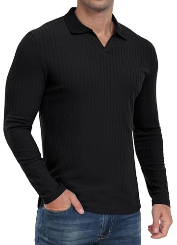 QIXING Mens Long Sleeve Polo Shirts Slim Fit V-Neck Ribbed Knit Golf T Shirt Casual Spring Autumn Shirt for Men UK for Golf, Casual and Work Wear