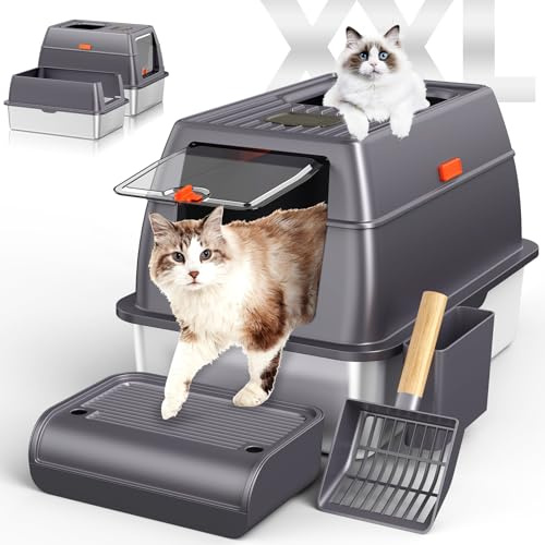 Edelstahl Katzenklo mit Deckel,XXL Extra großes geschlossenes katzentoilette Edelstahl,hohe Seiten und abnehmbare katzentoilette Edelstahl,Cat Litter Box Full Enclosur|Fußunterlage und Katzenstreuer