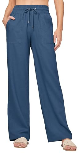 Willit Women Linen Pants Wide Leg Casual Palazzo Pants Cotton Linen Lounge Beach Summer Pants with Pockets 31 Denim Blue XL