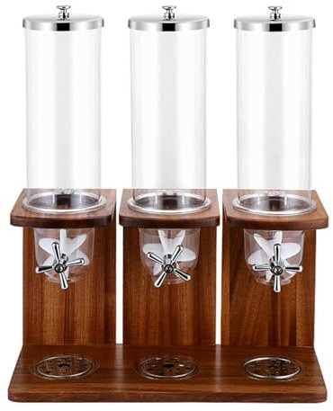 IUokLU Dry Food Dispenser 10.5L Cereal Dispenser Countertop Cereal Containers Storage Dispenser with Triple Heads Controls PC Transparent Barrel and Wood Base，