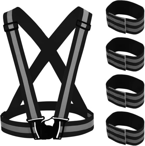 Gilet Réfléchissant, Haute Visibilité Gilet de Sécurité Réfléchissant Réglable Elastique Gilet de Sécurité Harnais, Ajustement pour Jogging, Vélo, Marche, Moto + 4PCS Brassards Réfléchissants Bande